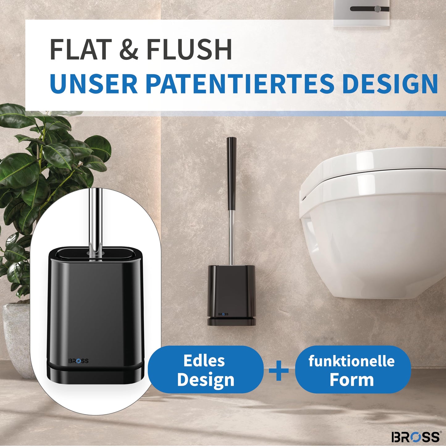 BROSSยฎ Silicone Toilet Brush - Patented toilet brush - Black brush & holder with wall mounting & TurboDrying - Innovative & Antibacterial - 1 piece set