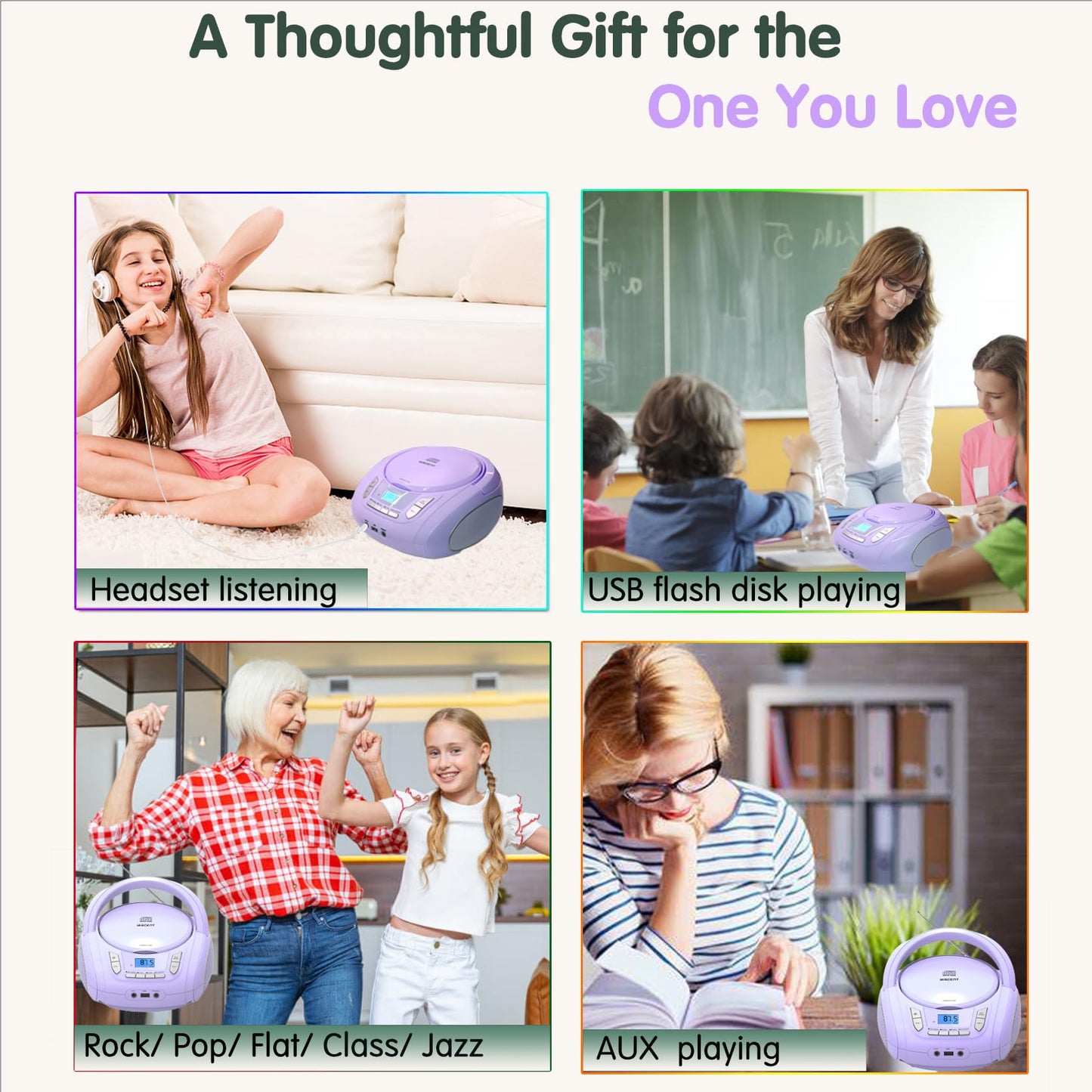 Portable CD Player for Kids - Radio CD Boombox with Bluetooth, FM Radio, USB Input & AUX Connection & Headphone Jack, CD Player for home or on the go (Light Purple)