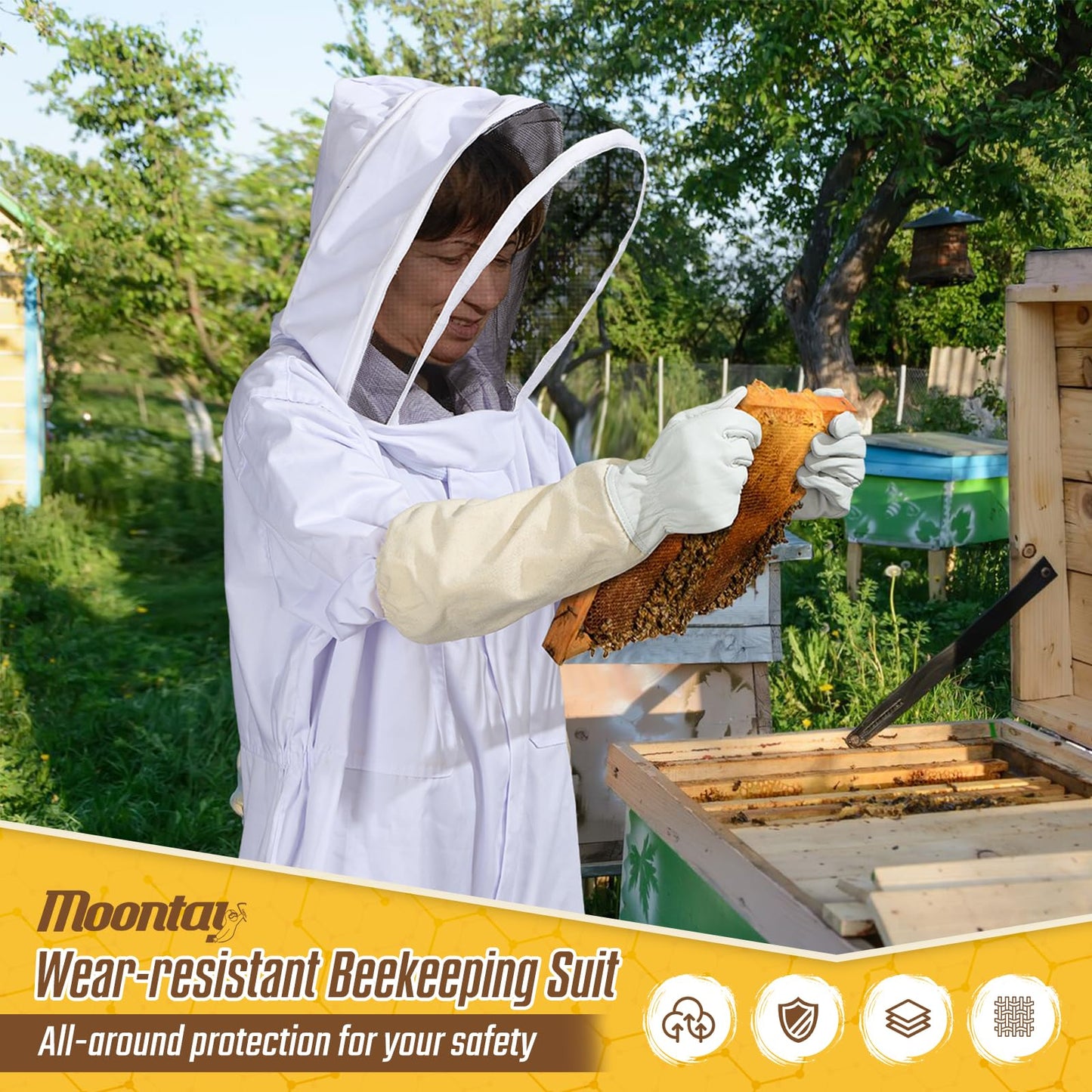 Moontay Beekeeping Suit, sting-proof with removable breathable hood. Full protection bee suit with pockets and elastic cuffs for beekeepers. Professional bee suit for men and women, XXL.