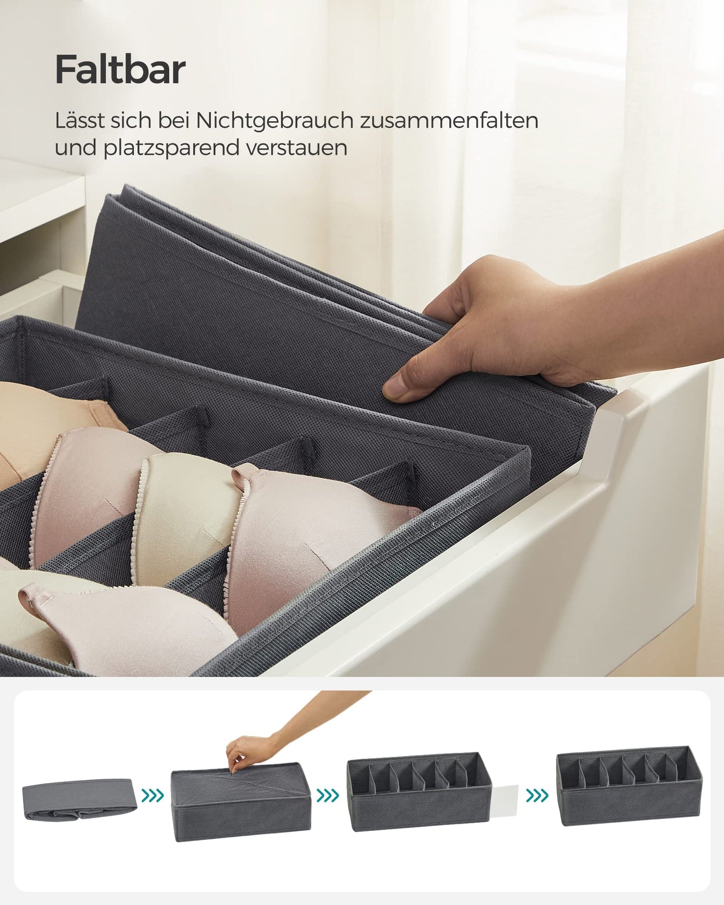 SONGMICS Underwear Organizer 8-Pack, Foldable Drawer Organizer, Closet Organization System, Storage Box, Fabric Storage Boxes for Bras, Socks, Ties, Grey RUS08GY