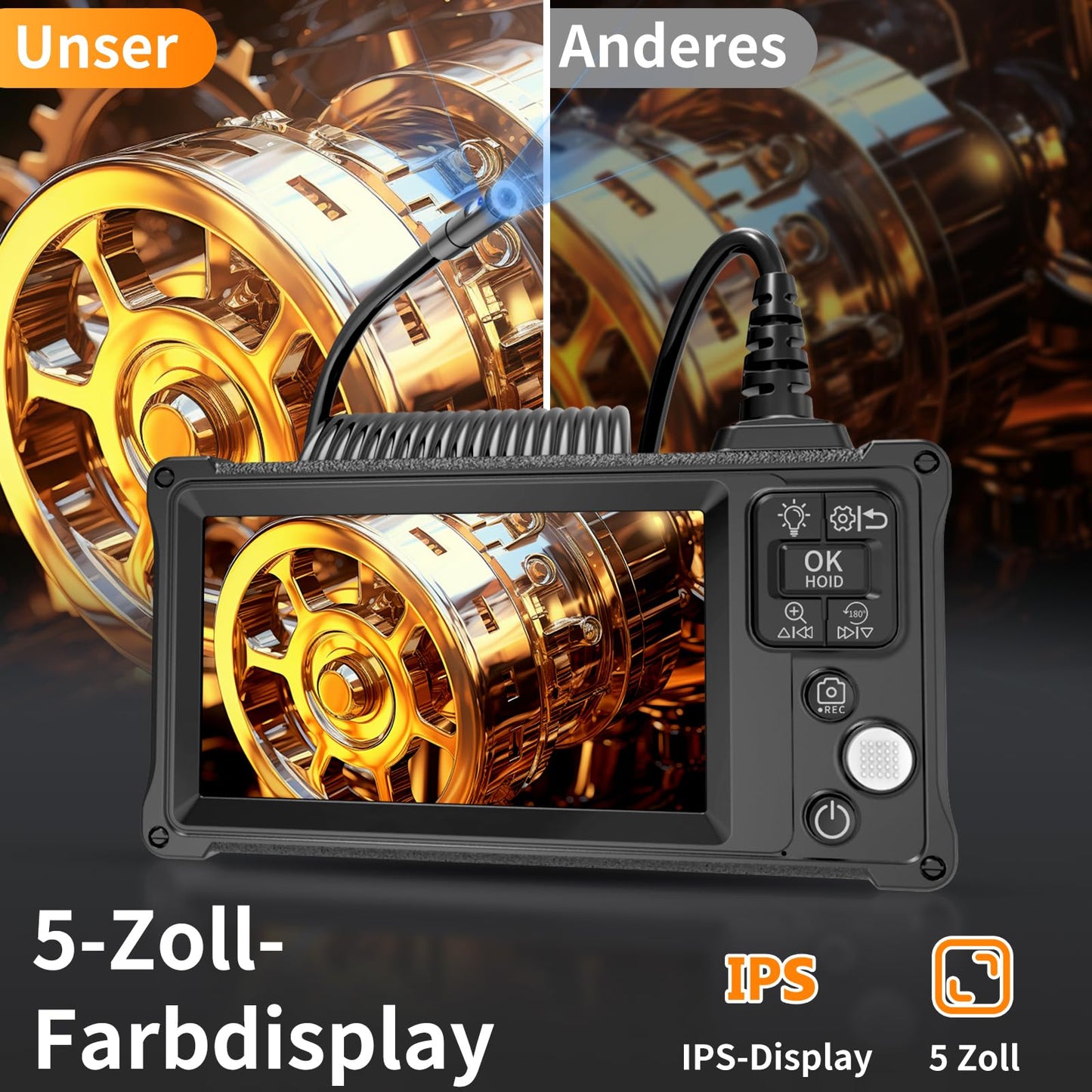 Endoscope camera with light, Ennovor 1920P HD dual lens endoscope camera, 5.0 inch IPS endoscope camera for mobile phone, IP67 waterproof 8mm endoscope camera with 8+1 adjustable LED lights-5m