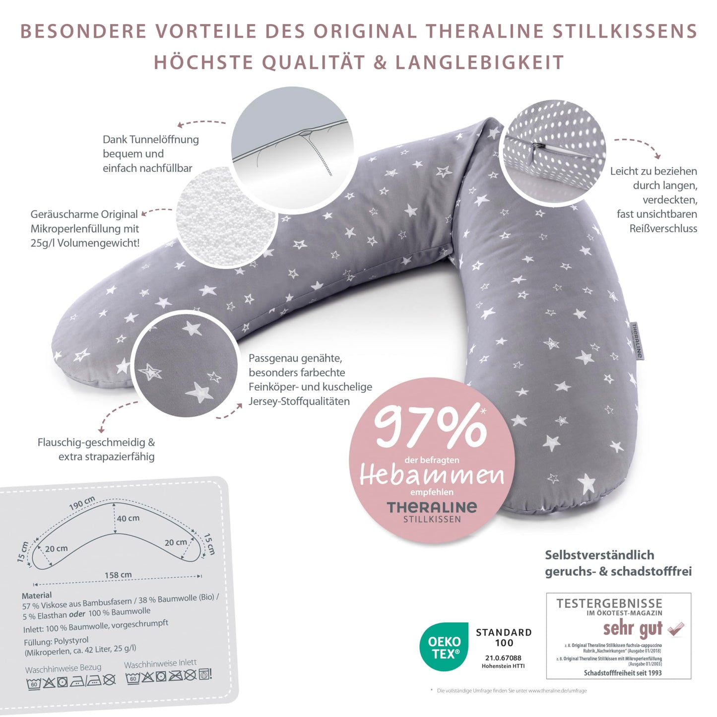 Theraline The Original Pregnancy Pillow & Nursing Pillow 190cm - Side Sleeper Pillow Nursing Pillow Microbeads - incl Nursing Pillow Cover Lavender Bamboo Collection