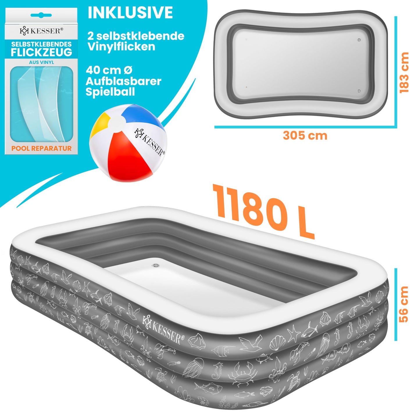 KESSER® Inflatable Pool Family Pool for Kids and Adults Garden Swimming Pool Family Swimming Pool Summer 305x183x56 cm Paddling Pool 1180 Liter Capacity Child-Friendly Includes Repair Kit & Ball