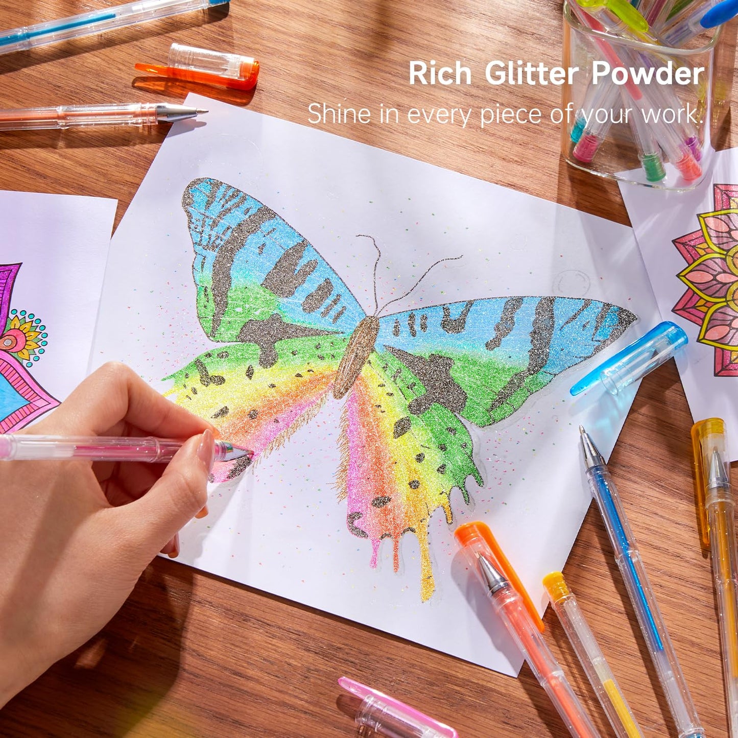 Shuttle Art Glitter Gel Pens, 240-piece gel pen set with 120 colorful glitter gel pens and 120 replacement refills, for adults and kids on coloring books for highlighting, drawing, writing.