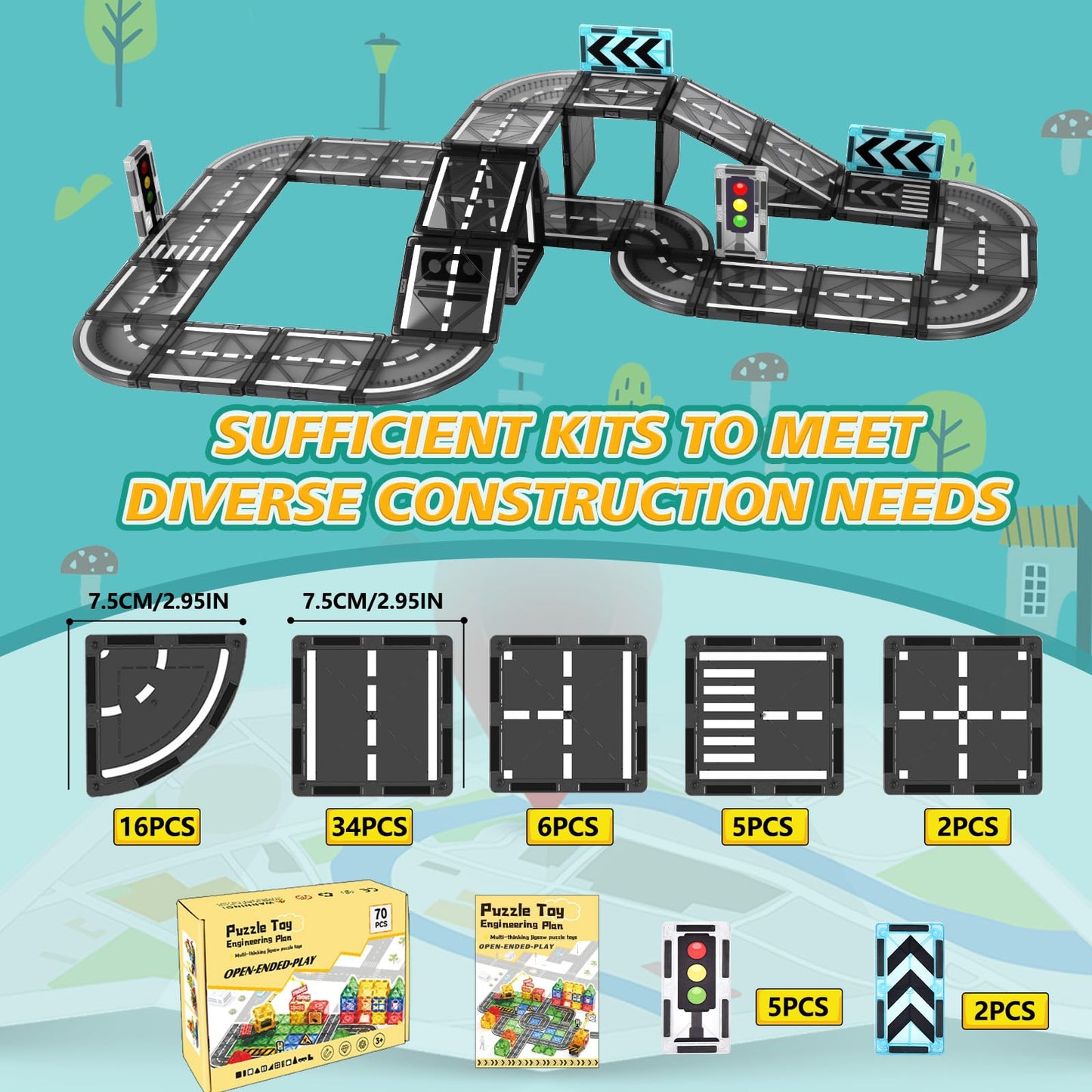 BuzzoXerex Magnetic Building Blocks Road Set, 70PCS Magnetic Tiles City Streets, Magnetic Blocks Road Extension Set Learning Activities Gift for 3 4 5 year olds