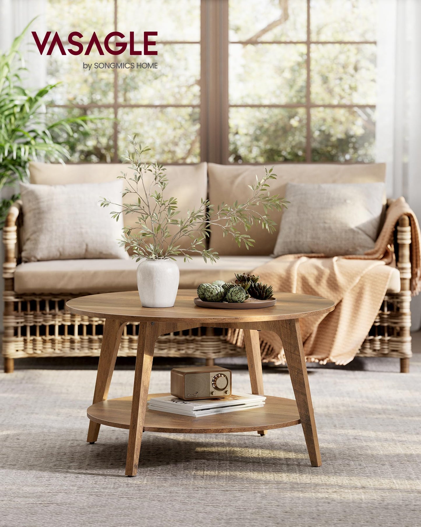 VASAGLE round coffee table, living room table with 2 levels, 80 cm diameter, 45 cm height, easy to assemble, honey brown LCT243K41