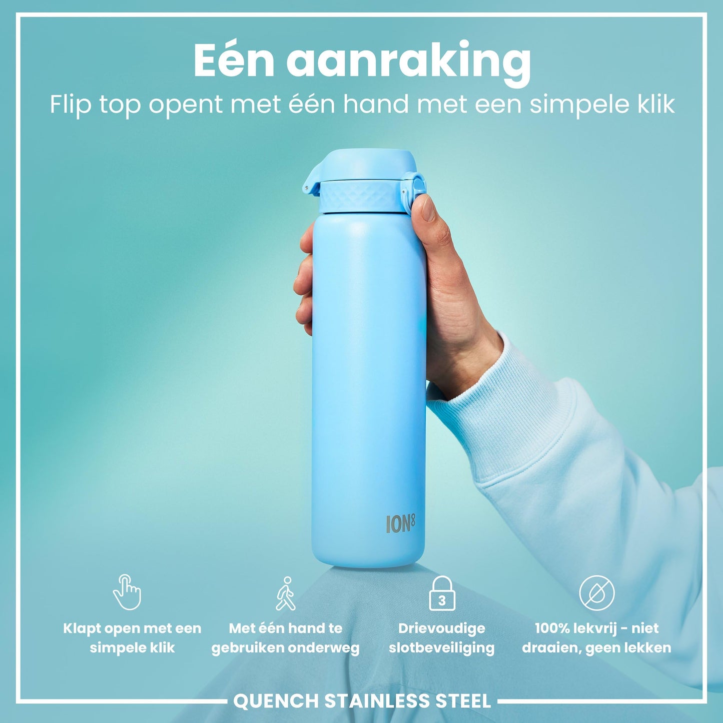 ION8 1 Liter Lightweight Stainless Steel Water Bottle, Non-Insulated, Leak-proof, One-handed opening, Secure locking, Dishwasher safe, Flip lid, Carry handle, Easy to clean, Alaskan Blue