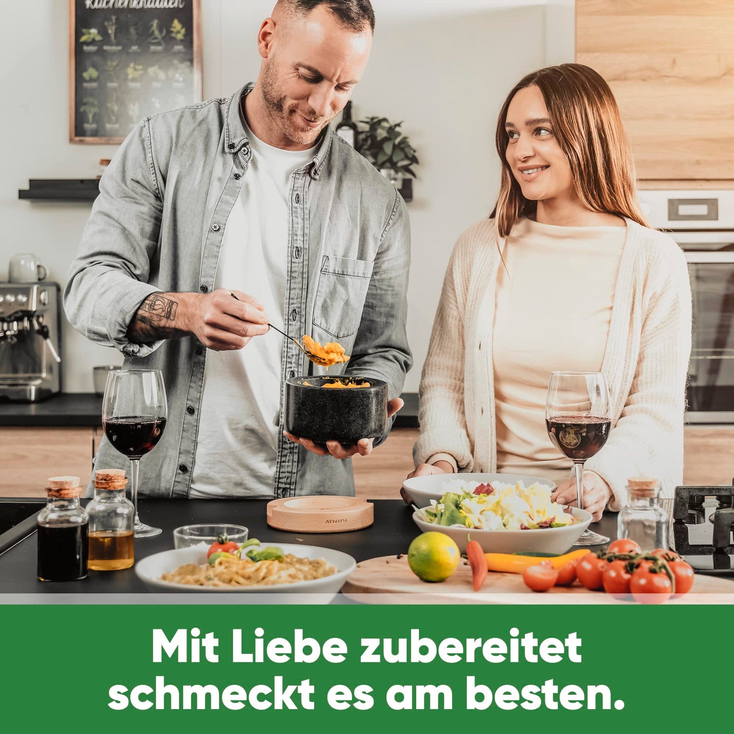 ATNITY Granite Mortar and Pestle ร 14.5cm - Stone mortar with extra long pestle - Mortar on elegant and stable beech wood base with silicone cover and cleaning brush included in set.