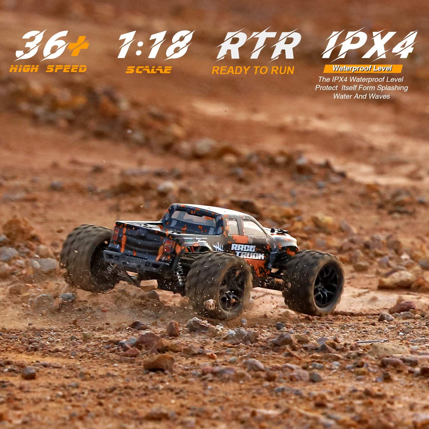 HAIBOXING Remote Control Car 4WD RC Car 36 km/h High Speed 1/18 Monster Truck 2.4GHz All Terrain Waterproof Racing Car Off-Road Vehicle, Crawler Toy Gift for Kids Adults