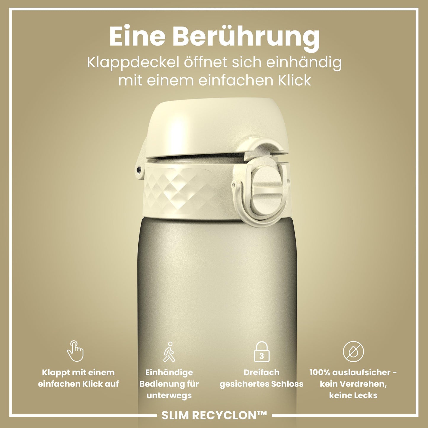 ion8 water bottle, 500ml, leak-proof, one-handed opening, secure locking, dishwasher safe, BPA-free, carrying handle, flip lid, easy to clean, climate-neutral, creamy white.