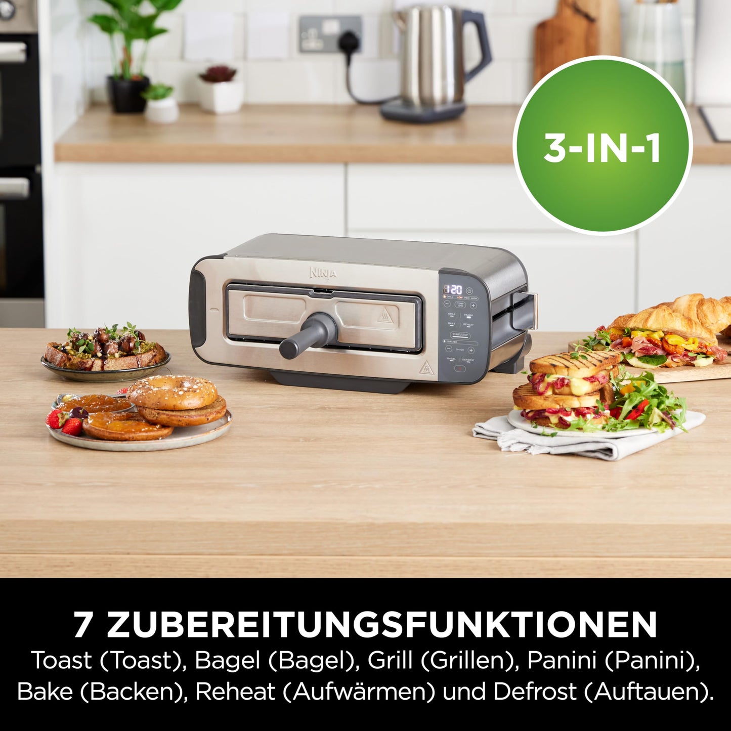Ninja Foodi 3-in-1 Toaster, Electric Grill with Lid, Panini Press with Flip Design, 7 Cooking Functions, 7 Toast Lines, Baking Tray and Crumb Tray, Stainless Steel, ST202EU