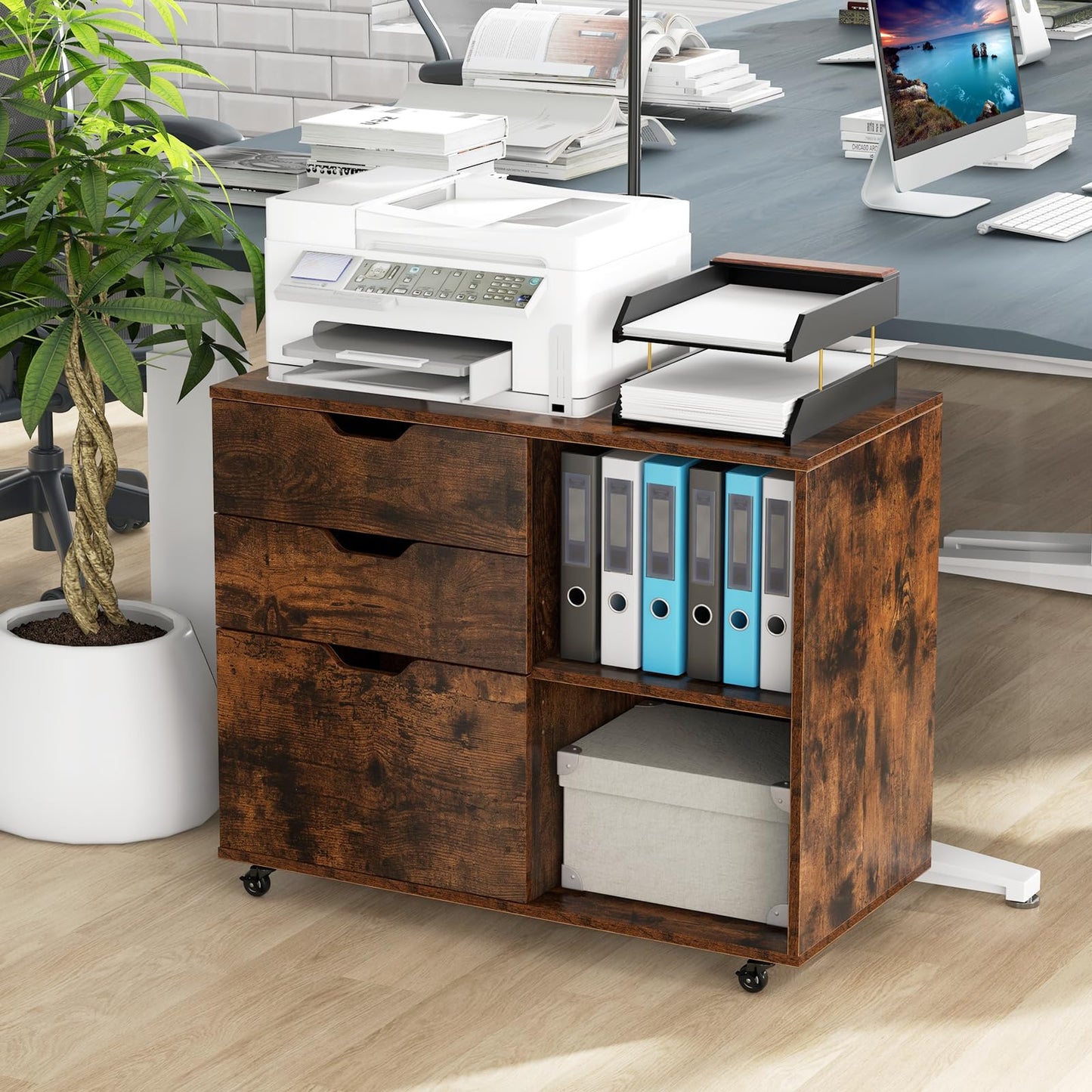 GOPLUS rolling file cabinet, mobile filing cabinet with 5 wheels, 3 drawers, and 2 open compartments, side cabinet printer stand for documents in A4, letter, & legal size (Rustic Brown)