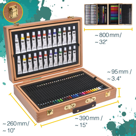 Artina 127-piece painting set Bologna XXL artist set with FSC wood painting case - acrylic paints, watercolor paints, colored pencils, pastel pencils, fineliners, pencils - large drawing set with storage for beginners