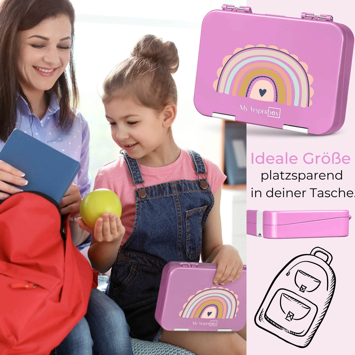 My Vesperbox - Len - Bento Box Kids - Lunchbox with 4+2 compartments - extremely sturdy - sandwich box - ideal for kindergarten and school... (Pink - Rainbow)