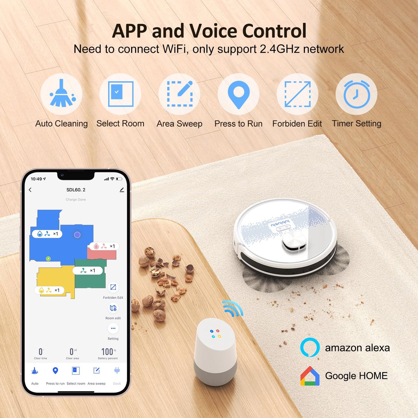 Lubluelu robot vacuum with mopping function 3-in-1, 4000Pa suction robot with laser navigation and 5 maps, 55 dB robot vacuum with app control, perfect for pet hair, carpets, hard floors, white (SL60D)
