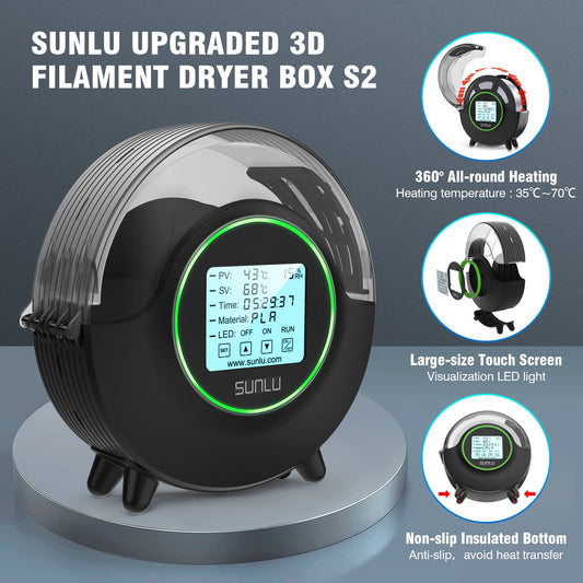 SUNLU Filament Dryer Box S2, 3D printer filament dryer keeps filament dry during printing, 360° all-round heating, compatible with PLA PETG ABS SILK PA PC, spool holder, black