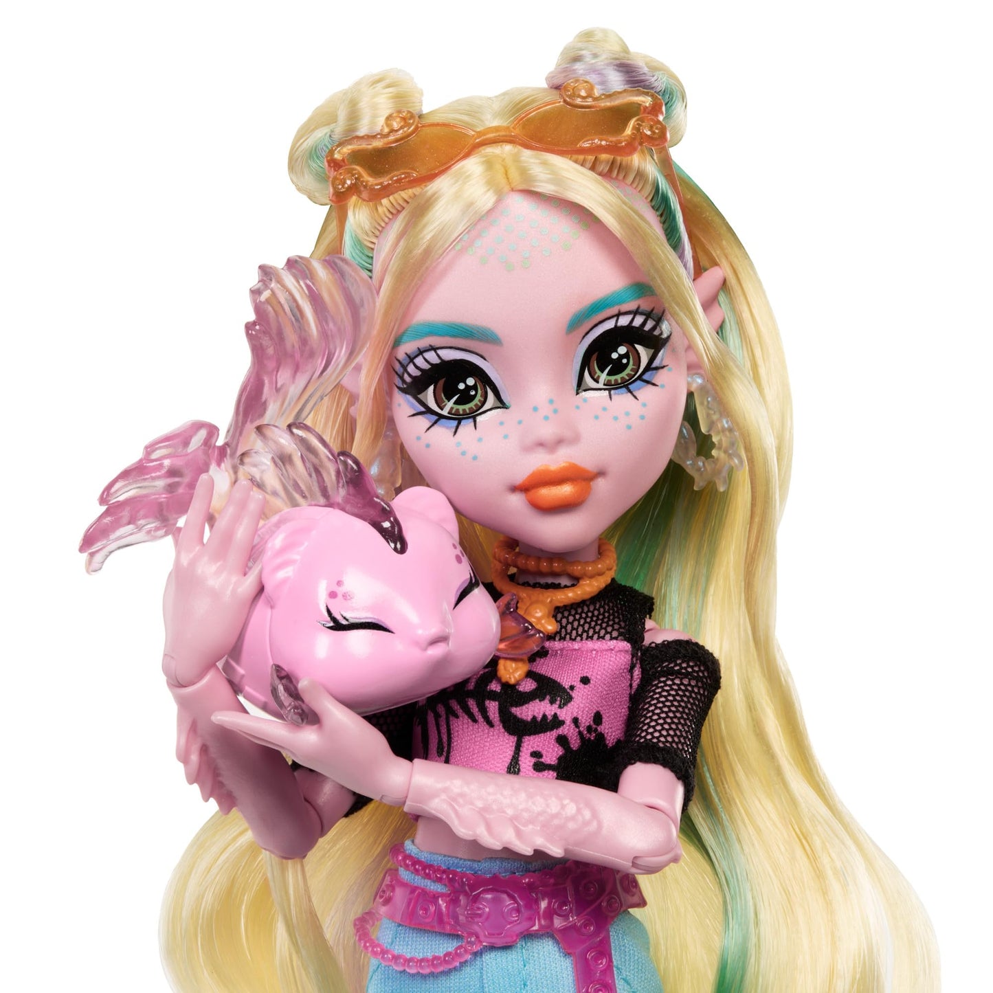 Monster High Lagoona Blue doll in mesh T-shirt and cargo pants with pet fish Neptuna and accessories like backpack, snacks, and notebook, HXH75