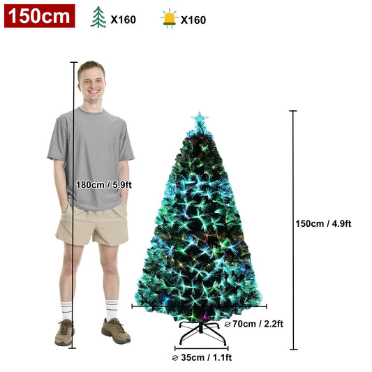 Artificial Christmas trees 150CM Fiberglass Christmas tree with pine needles LED lighting for Christmas decoration at home and in the office (160 LEDs, colorful pine needles)