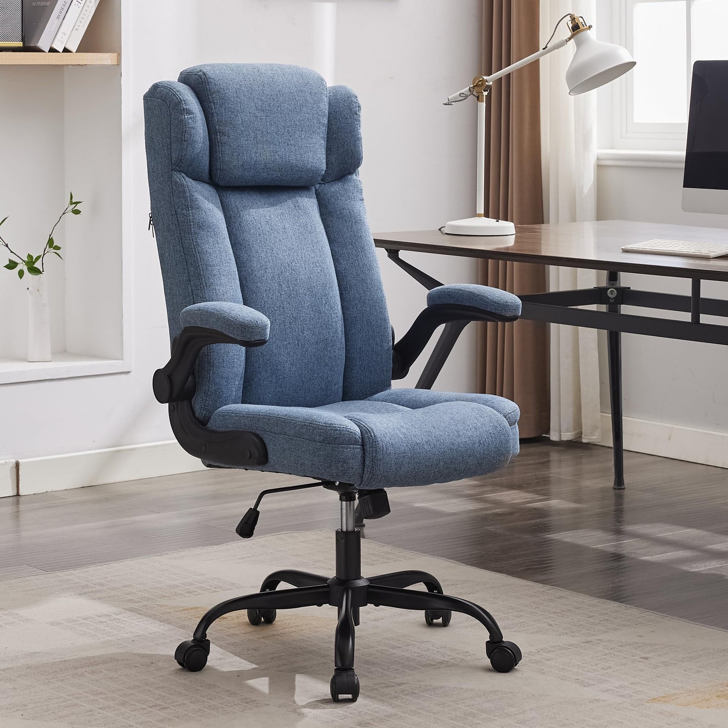 LIYURUI office chair with 150KG capacity, ergonomic design, adjustable headrest, fabric upholstery, swivel wheels, flip-up armrests, and 110° tilt function.