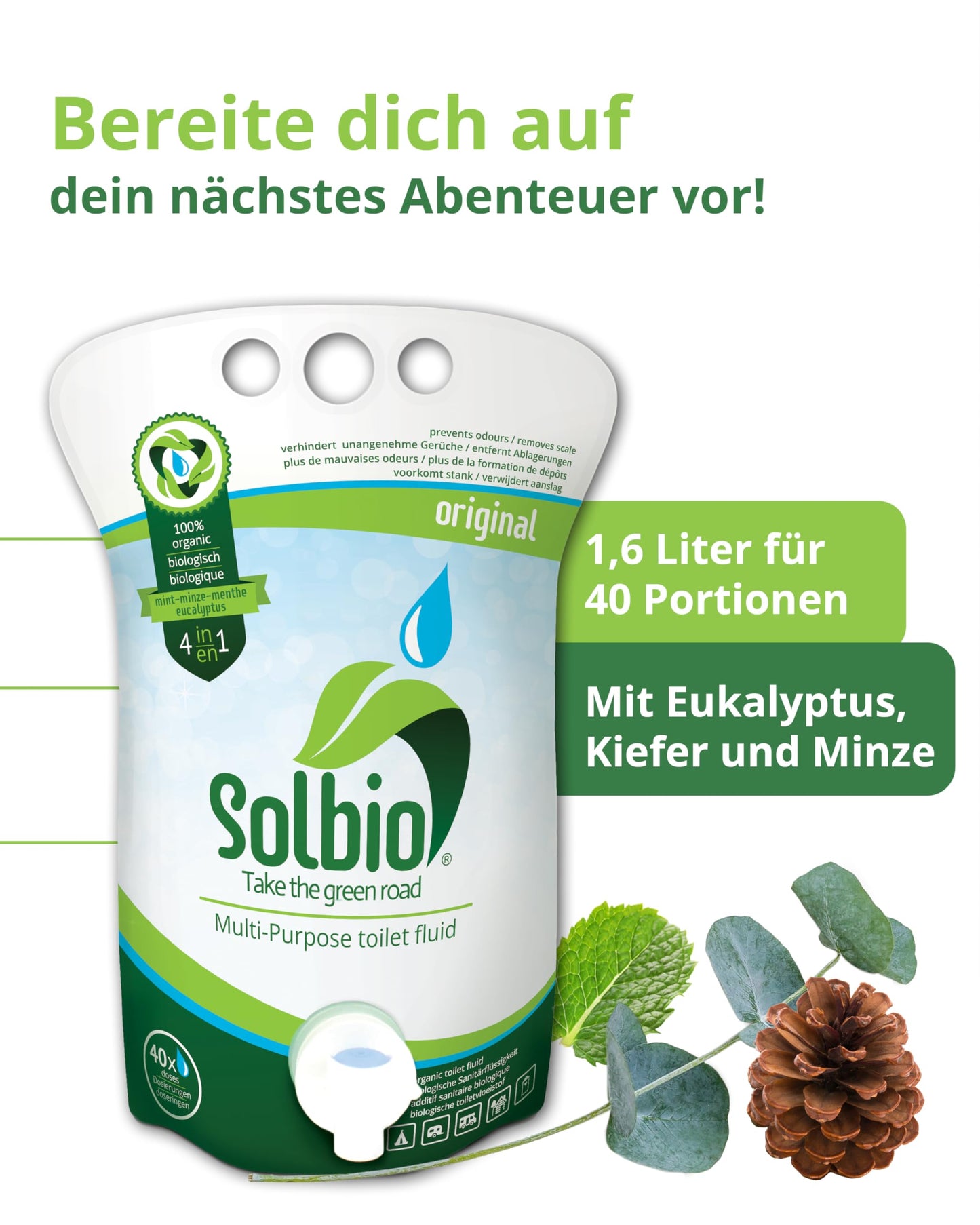 Solbio Original Sanitation Liquid for Camping Toilet 1.6l 100% Organic & Vegan - Biodegradable sanitary additive with scent of eucalyptus, pine, and mint.