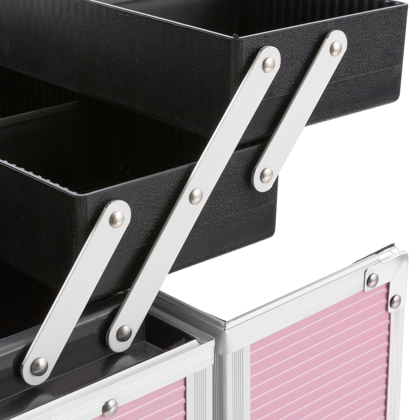 Arebos cosmetic case | 26L | with carrying strap | 13 compartments | aluminum | with lock & key | fold-out shelves | customizable with 8 dividers | 39 x 36 x 23 cm | Pink.