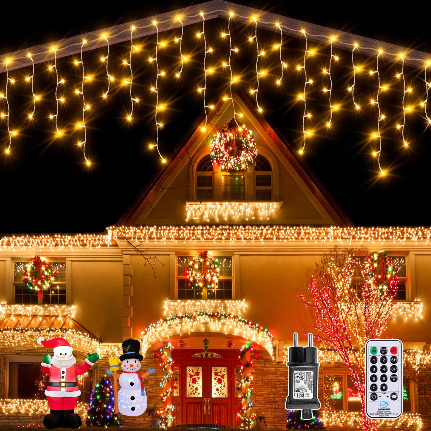 Auriostar Icicle Light String Outdoor, 7.5M 306 LED Warm White Outdoor String Light with Timer 8 Modes, IP44 Waterproof Outdoor Christmas Lighting for Balcony Window House Outdoor Christmas Decorations