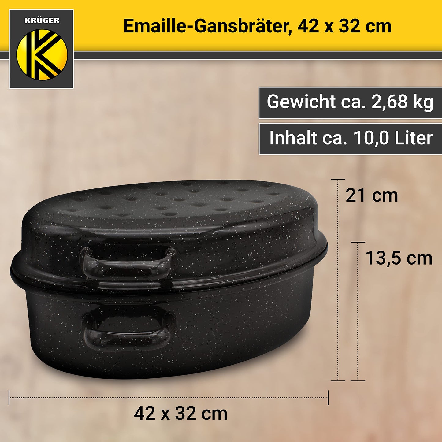 Krüger enameled roasting pan with drip lid - high-quality roaster - suitable for all types of stoves - excellent for roasts and poultry (enamel - black-white speckled (42 x 32 cm))