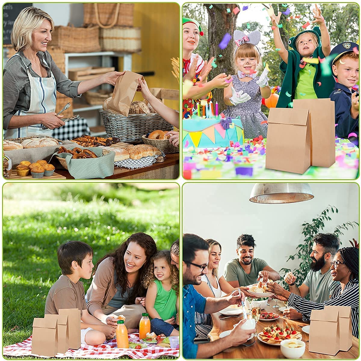 100 pieces of brown paper bags, gift bags, party bags made of kraft paper. Ideal for birthday parties, Christmas, weddings, and corporate events. Thicken 70gsm paper.