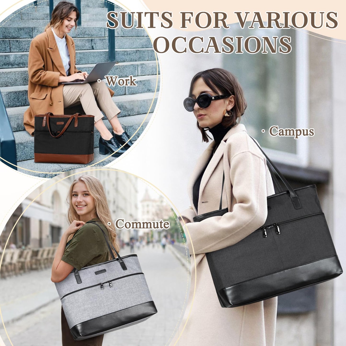 Kasgo women's handbag, large 16.8L shopper tote bag with 15.6-inch laptop compartment, water-resistant laptop bag, shoulder bag, work bag for work, travel, teachers with luggage sleeve, black.