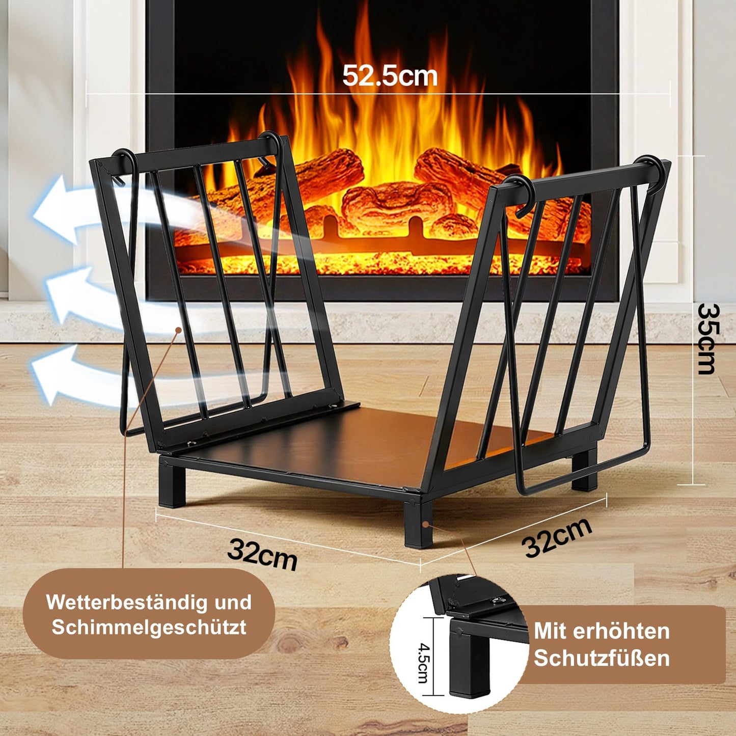 Amagabeli Firewood Basket 35 x 32 x 32cm Fireplace Wood Basket Metal Firewood Basket Wooden Cradle Fireplace made of steel with handle carrying basket for wood carrying basket wood carrier for wood stove log carrier