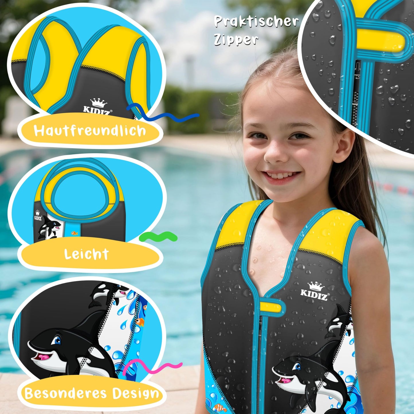 KIDIZ® Swim Vest Kids M 2-5 years | Swim Aid Boys & Girls Float Jacket Babies & Toddlers | Neoprene Swim Vest with Water Gun | Adjustable Safety Strap