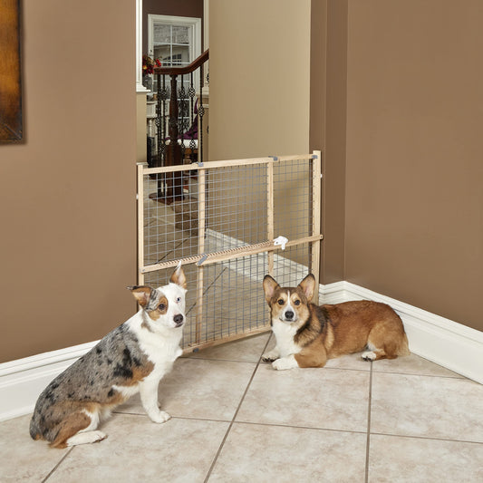 New World B2932WWM-2 Pet Gate, wood, extra wide, no damage to walls, no tool required, patented locking arm, dog gate 81 x 74-127 cm (H x W), natural wood/light gray grid