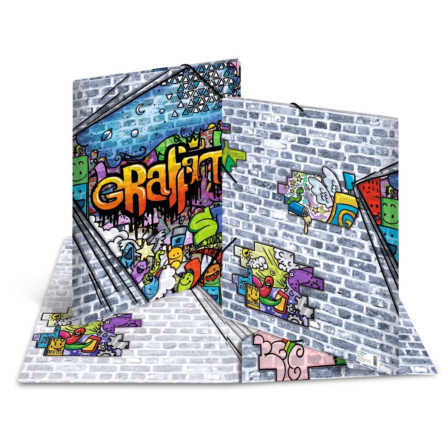 HERMA Collecting Folders A3 Graffiti Set, 3 pieces, Children's corner clip folders made of plastic with art motif, elastic closure, inner flaps, and inner print for boys and girls.