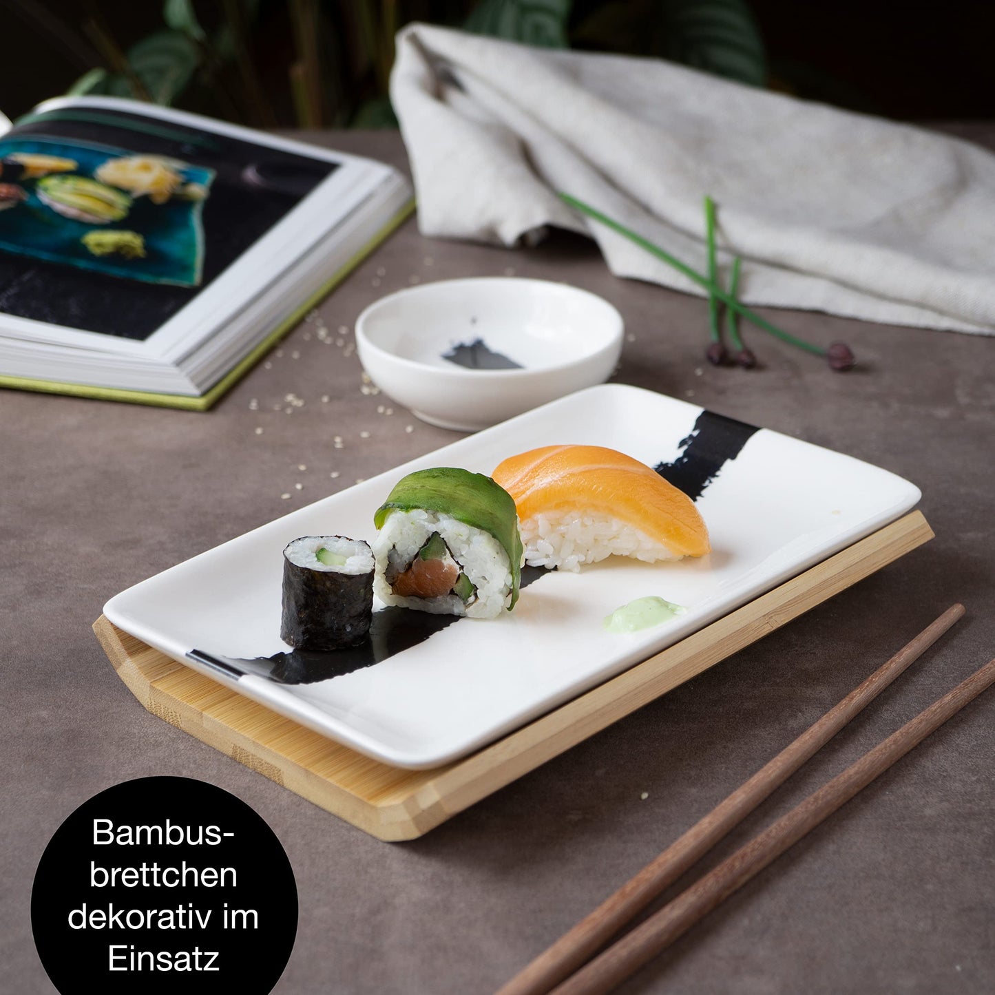 Moritz & Moritz 8-piece sushi tableware set for 2 people - sushi serving set with 2 sushi plates, dip bowls, and chopsticks.