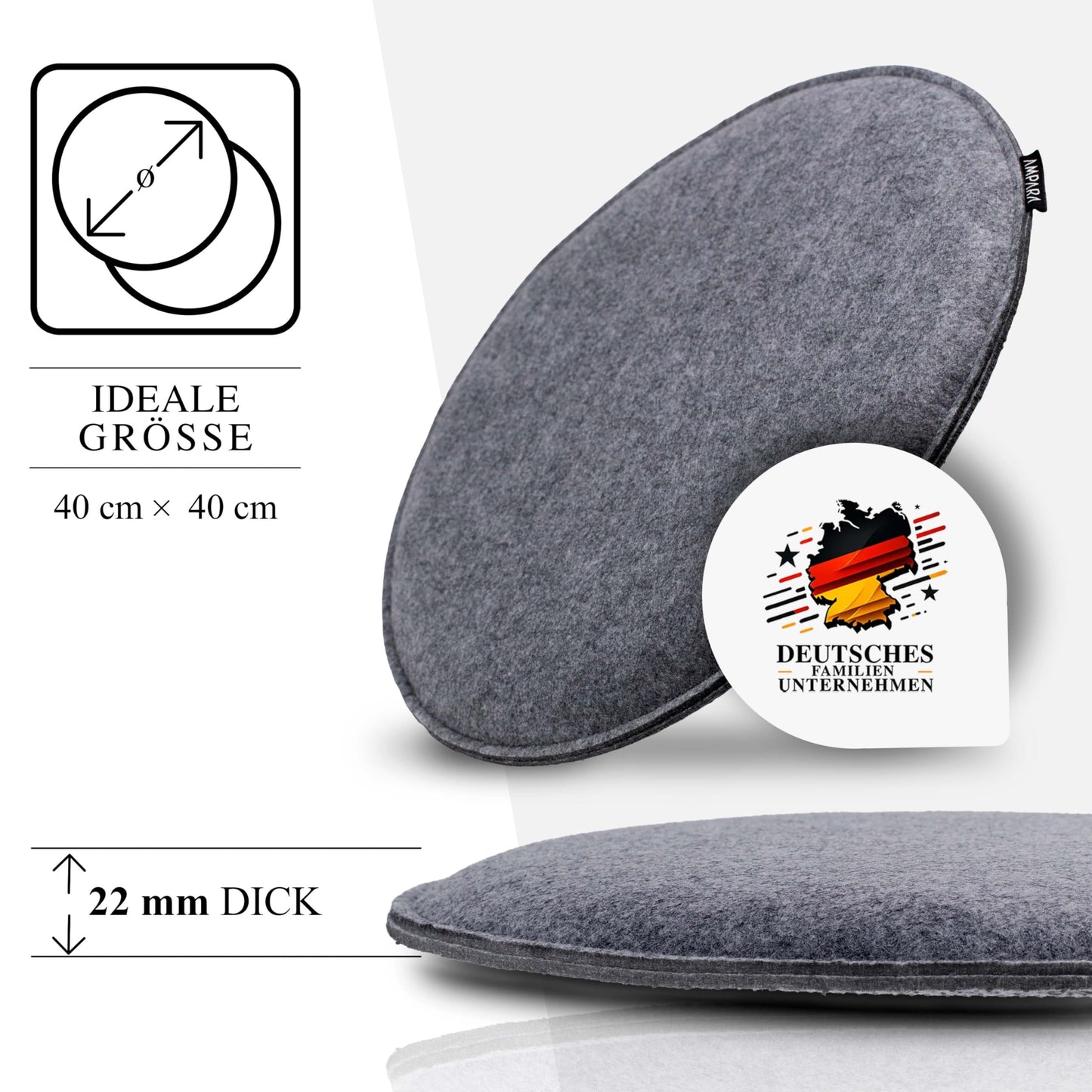 Ampara - Set of 4 - Elegant round chair cushions 40cm - non-slip & comfortable, round felt seat cushions, grey