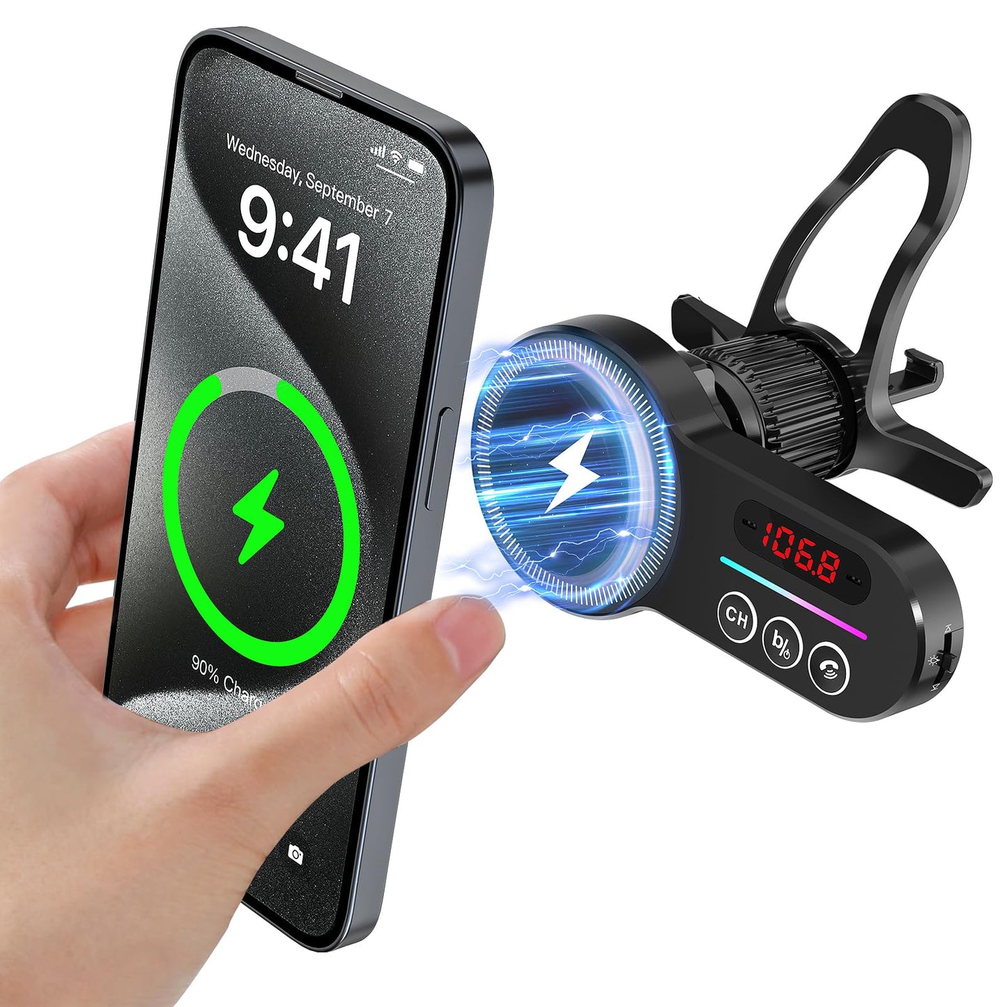Gift for MagSafe Car Bluetooth Transmitter Mount, Black 20X Powerful Magnetic Phone Holder for iPhone, Bluetooth Car Adapter Hands Free, Easy to Install, 12 Months Warranty.