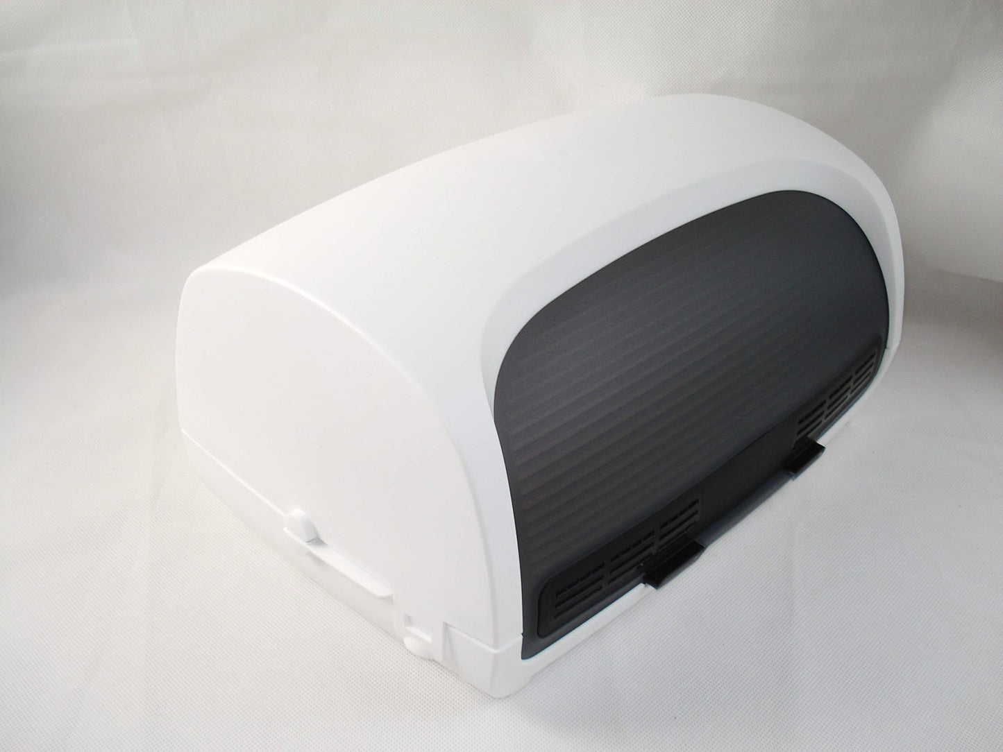 Tupperware bread box, lunch box, rectangular, white, black, 39.8 x 27.5 x 19.6 cm, 19,237.2 cubic centimeters, bread, bread box, food storage container.