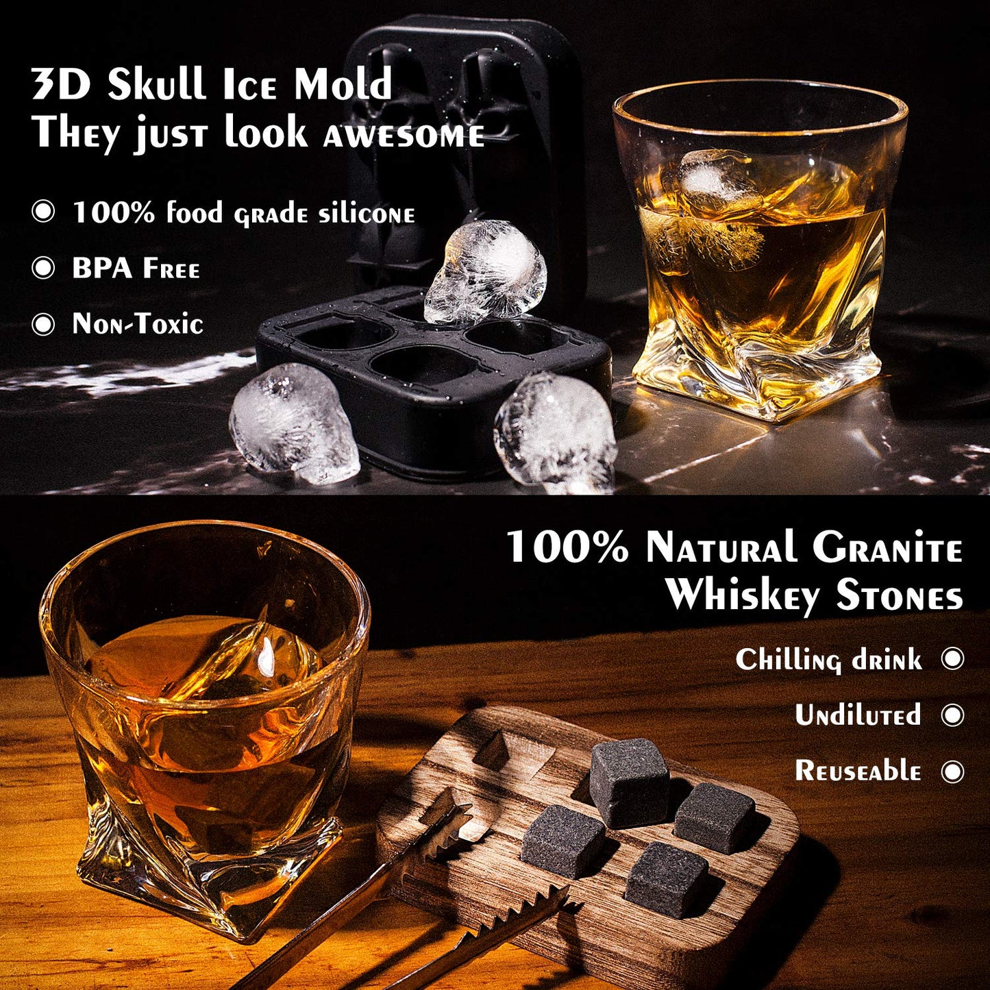 Cneng Whiskey Stones Gift Set with Glass, Whiskey Glasses Set, Personalized Whiskey Gift for Men, 2x 300ml Glasses, 6 Whiskey Stones, Whiskey Accessories with Wood Gift Box.