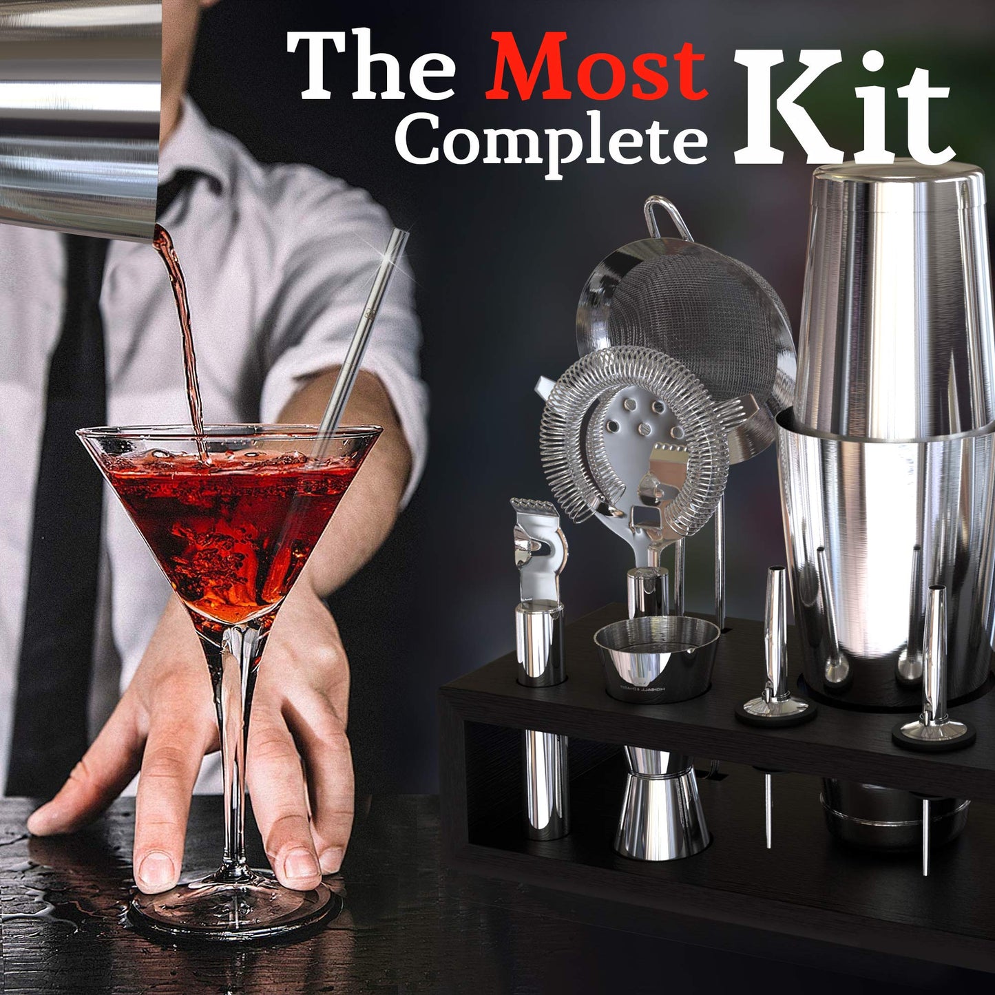 Highball & Chaser bartender kit cocktail shaker set with black stand and drink mixer set. Martini bar set with mixology bar tool set. Best bar accessories (silver) 2 oz.