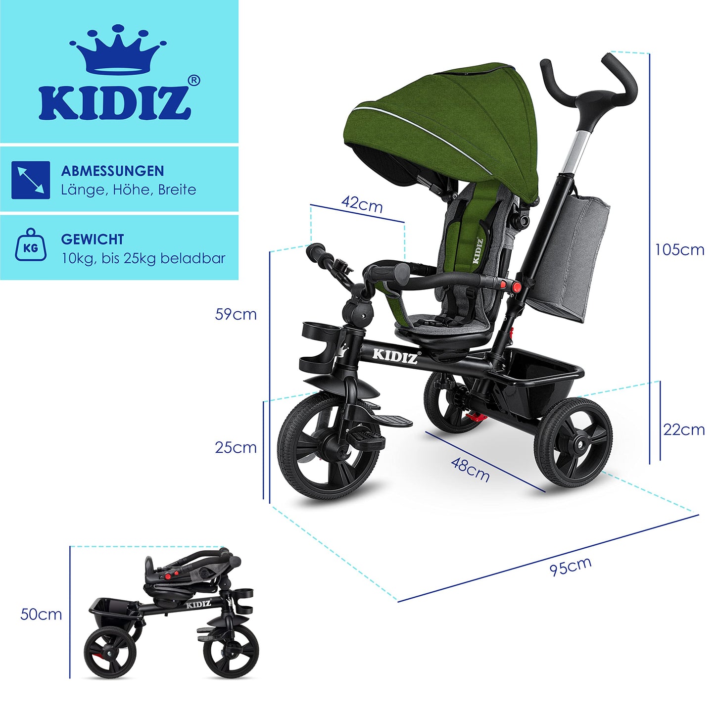 KIDIZ® 6in1 tricycle for kids with handlebar, suitable from 9 months up to 25kg. Jogger with forward & reverse drive, basket, bag, cup holder, sun canopy, rubber wheels. Foldable in khaki color.