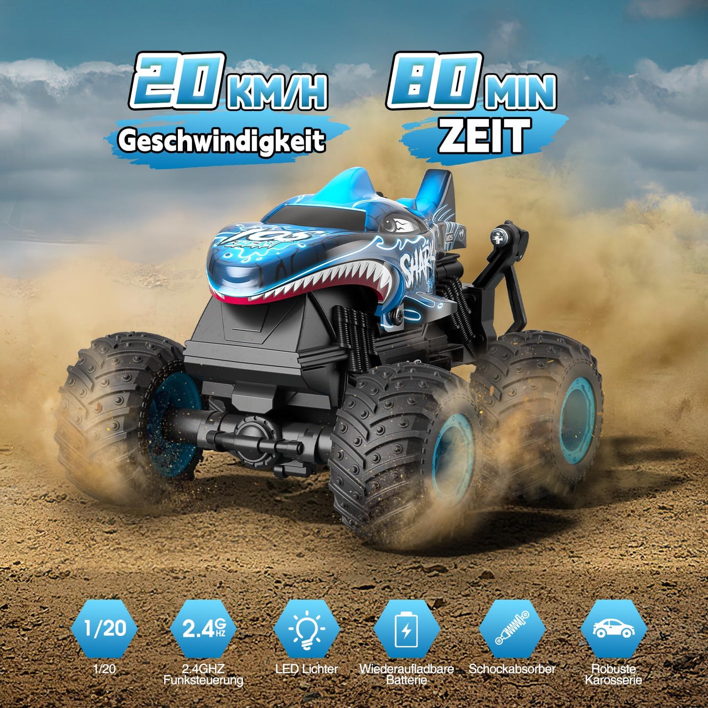 Sunrad Remote Control Car for ages 3-9, RC Monster Truck with 360° upright spin, LED lights and music, Rechargeable RC car toy and gift for kids.