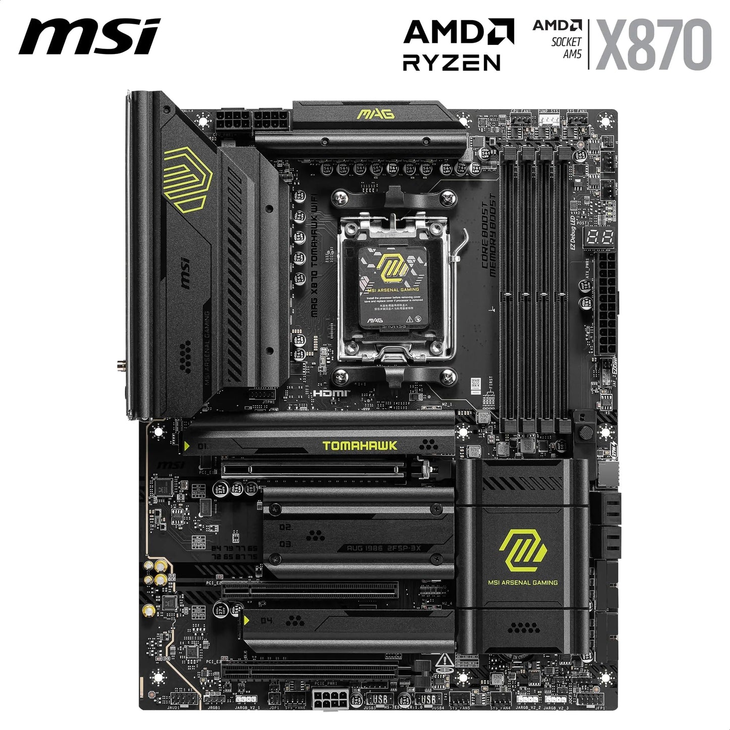 MSI MAG X870 Tomahawk WiFi Motherboard, ATX - Supports AMD Ryzen 9000/8000/7000 processors, AM5-80A SPS VRM, DDR5 Memory Boost 8400+MT/s (OC), PCIe 5.0 x16 & 4.0 x16, M.2 Gen5, Wi-Fi 7, 5G LAN.