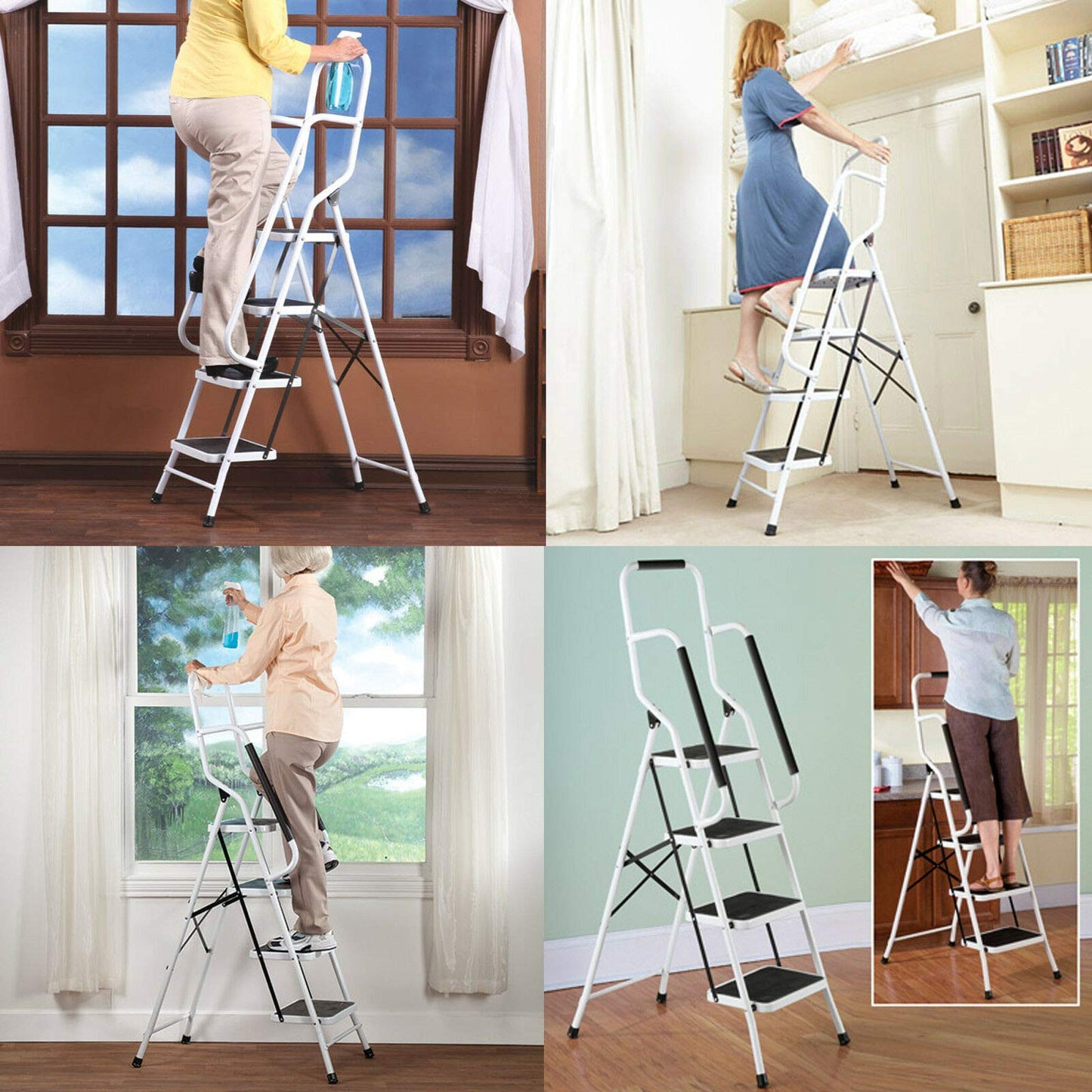 3-step folding step ladder with handrail. Compact, sturdy design features high-quality steel steps with non-slip treads for use at home, in the office, or in the kitchen.