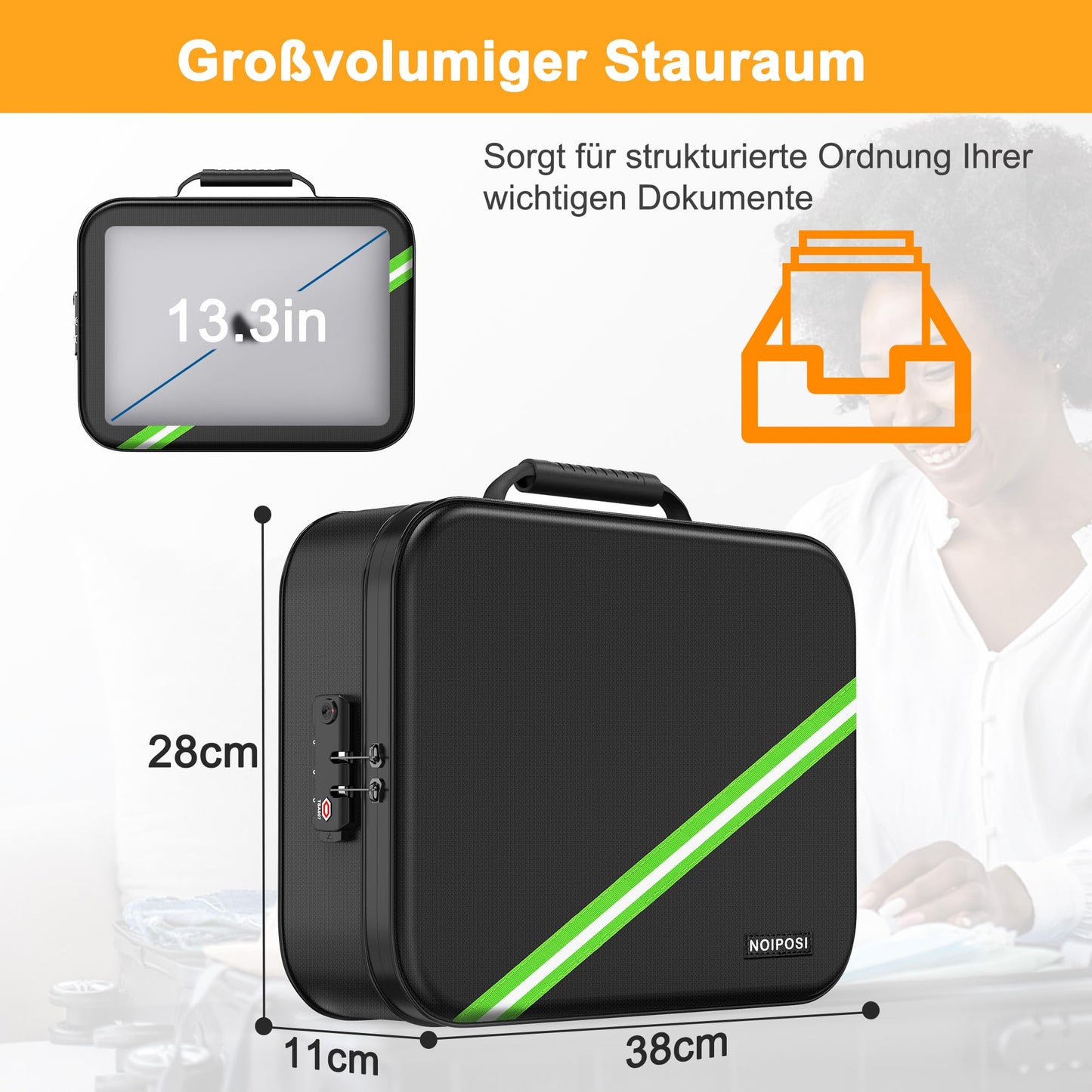 Noiposi Fireproof Document Bag UL94-V0 Certified, 5200℉, 38cm x 28cm x 11cm. Fireproof and waterproof with 7 compartments. Lightweight document folder with TSA customs password lock.