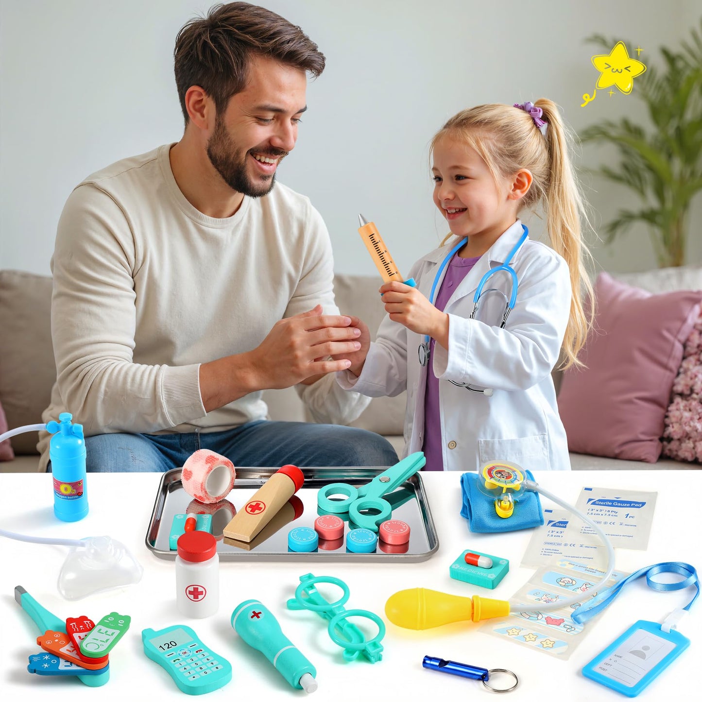 Peradix Doctor Kit for Kids 3 years and up - 39-piece wooden doctor's playset with real stethoscope, doctor's coat, thermometer, and portable bag. Perfect gift for kids aged 3, 4, 5, and 6.