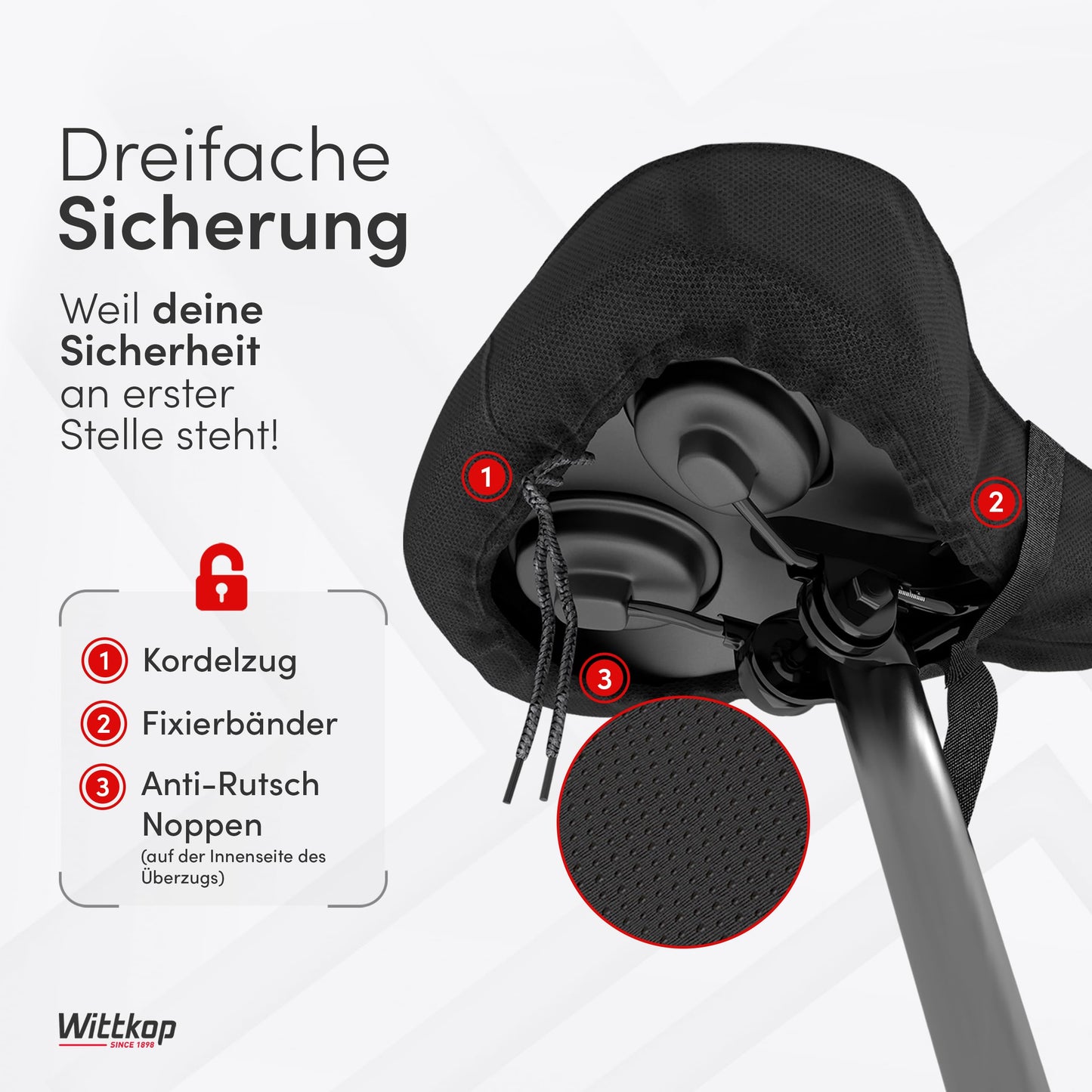 WITTKOP bike seat cushion with gel pad & memory foam I Ergonomic bike seat cover for women and men with 3-zone concept I Comfortable bike saddle cover for Peloton & bike seat