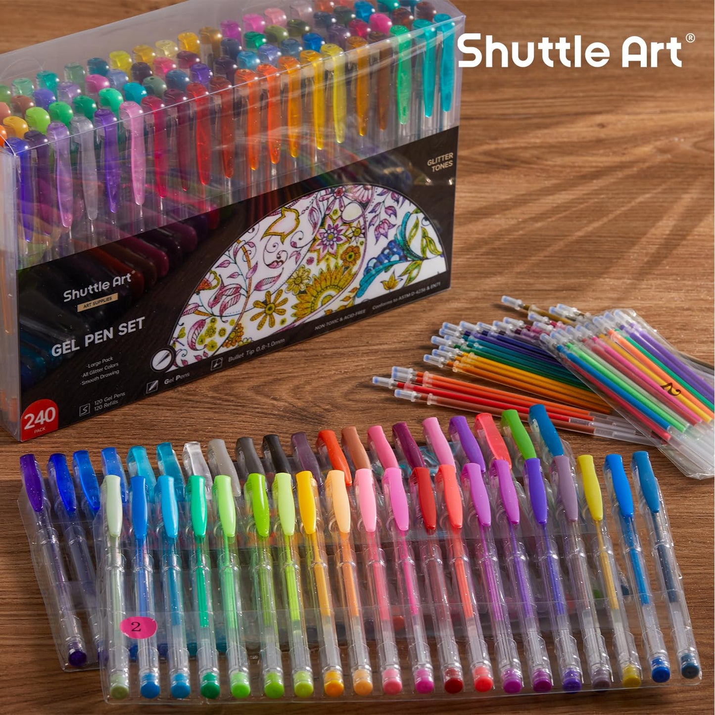 Shuttle Art Glitter Gel Pens, 240-piece gel pen set with 120 colorful glitter gel pens and 120 replacement refills, for adults and kids on coloring books for highlighting, drawing, writing.