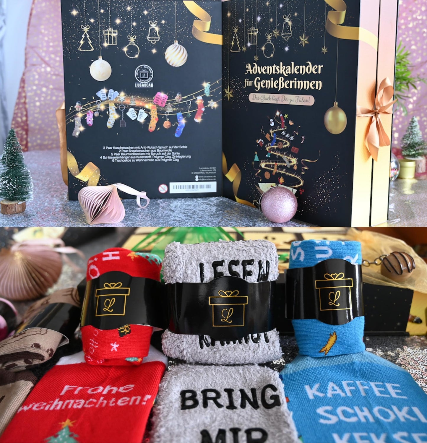 Socks Advent Calendar for Women 2025: Christmas calendar, Advent gift for women. Cozy cotton socks (37-43) with quotes, keychain with food motif, gifts for Christmas.