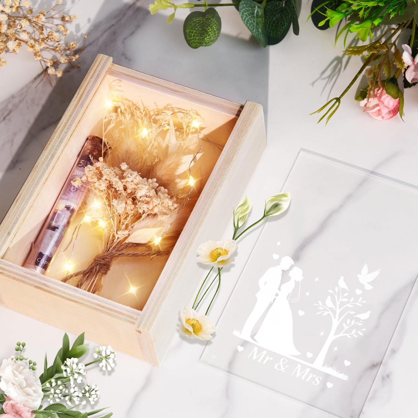 Wedding gifts for couples, wooden wedding gift money box including dried flowers, wooden box, plastic test tube, fairy lights, wedding day, wedding gift money.