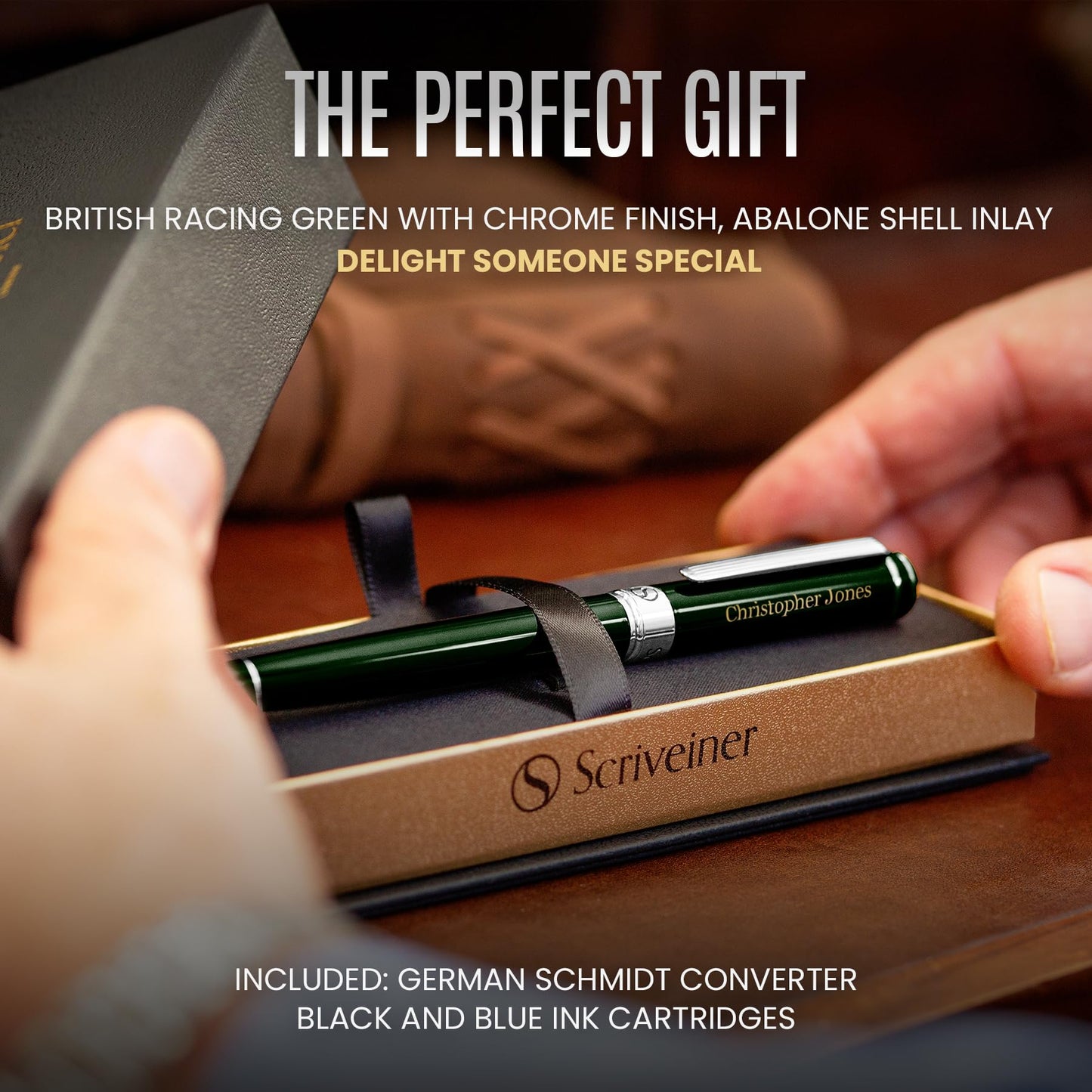 Scriveiner British Racing Green Personalized Pen - Stunning Green Lacquer Luxury, Chrome Finish, German Schmidt Nib (Medium), Best Engraved Fountain Pen Gift Set, Name Engraving